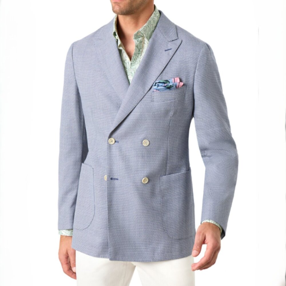 MJ Bale Tomkins Double‑Breasted Wool Blazer Blue Size 48 Quiet Luxury Wedding